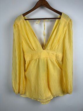 Fashion Nova Yellow Plunge Romper Long Bubble Sleeve Flowy Boho Cottagecore